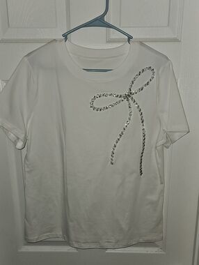 White Tee with Silver Jeweled Bow Accent
